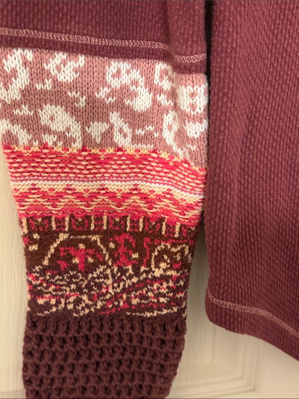 Free People Maroon Waffle-Knit Long Sleeve Top with Patterned Knit Cuffs - Picture 3 of 6